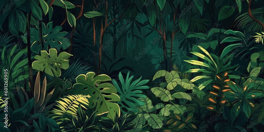 Deep tropical jungles. Dense forest landscape. Generative AI