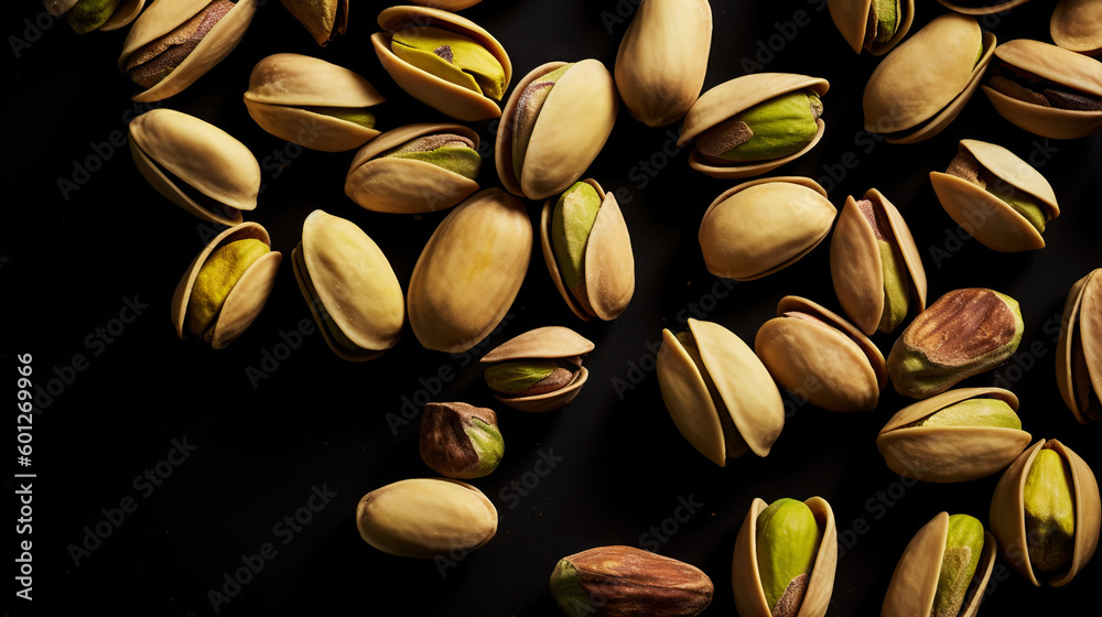 Pistachios on dark background. Nuts. Green fresh inshell pistachios. Generative AI