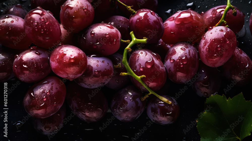 Fresh ripe grapes with water drops background. Berries backdrop. Generative AI