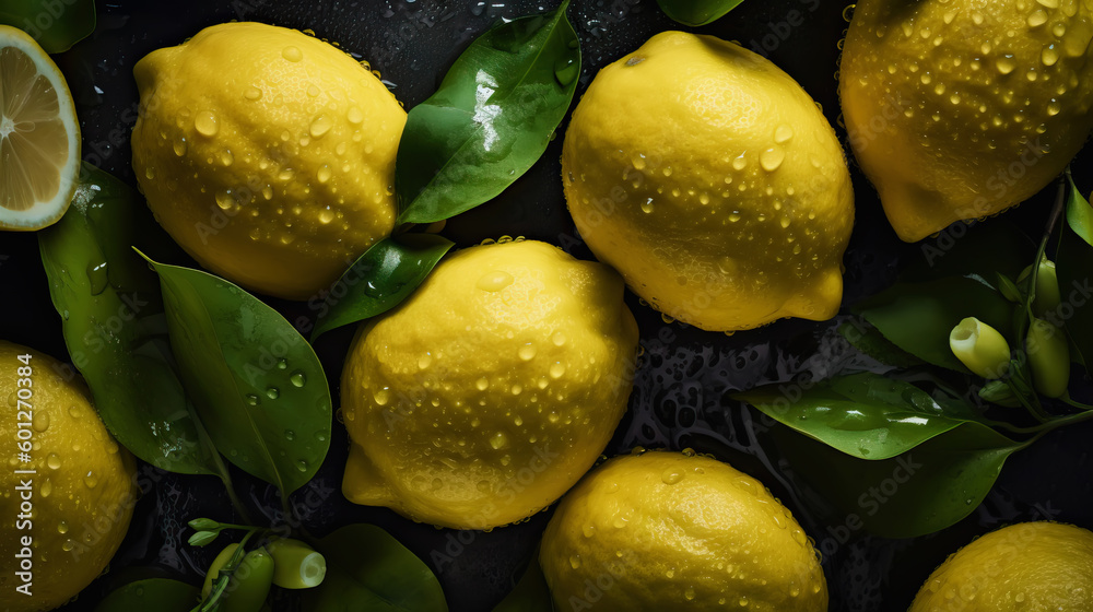 Fresh ripe lemons with water drops background. Fruits backdrop. Generative AI