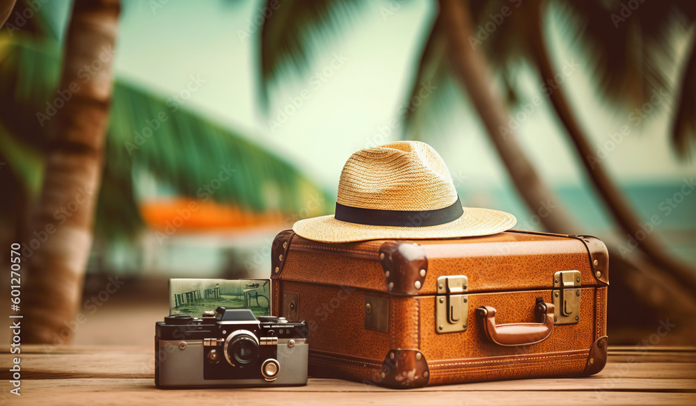 Suitcase, hat and accessories on the wooden floor with a sea background. Travel concept. Generative 