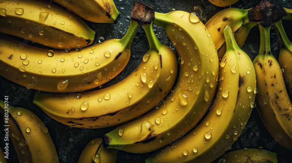 Fresh ripe bananas with water drops background. Fruits backdrop. Generative AI