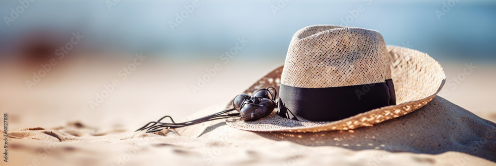 Hat on the sand with a sea background. Travel concept. Generative AI