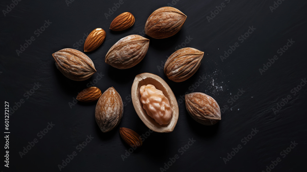 Group of raw peeled almonds on dark background. Generative AI