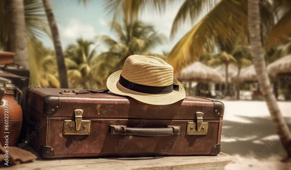 Suitcase, hat and accessories on the wooden floor with a sea background. Travel concept. Generative 