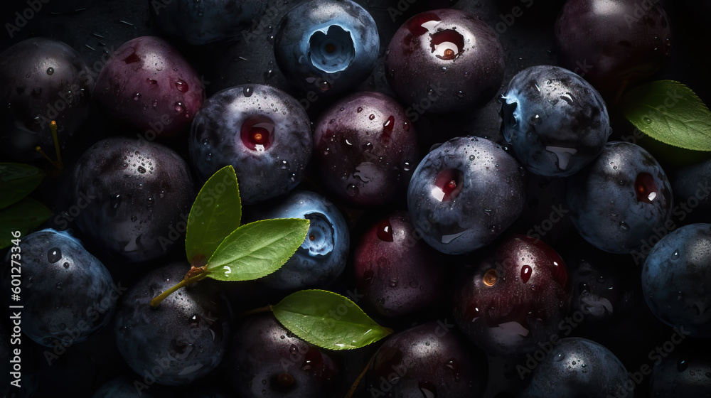 Fresh ripe huckleberry with water drops background. Berries backdrop. Generative AI