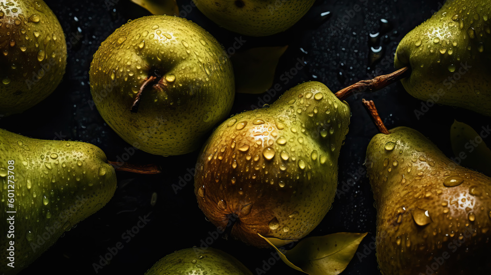 Fresh ripe pears with water drops background. Fruits backdrop. Generative AI