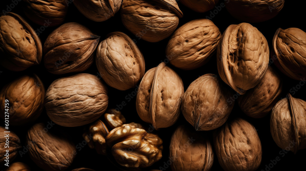 Walnuts with and without shells filling the view. Top view background of fresh walnuts. Generative A