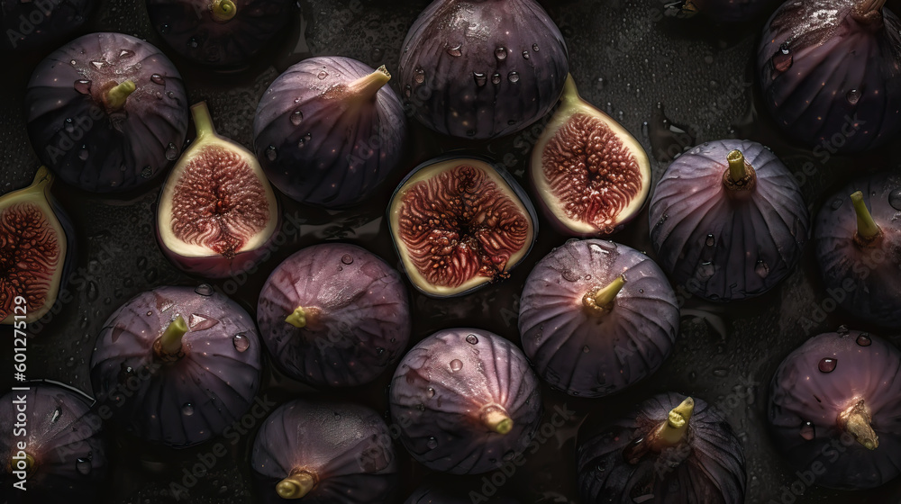 Fresh ripe figs with water drops background. Fruits backdrop. Generative AI