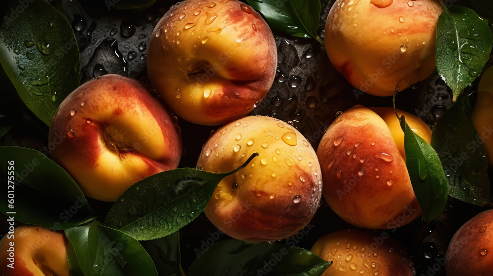 Fresh ripe peaches with water drops background. Fruits backdrop. Generative AI