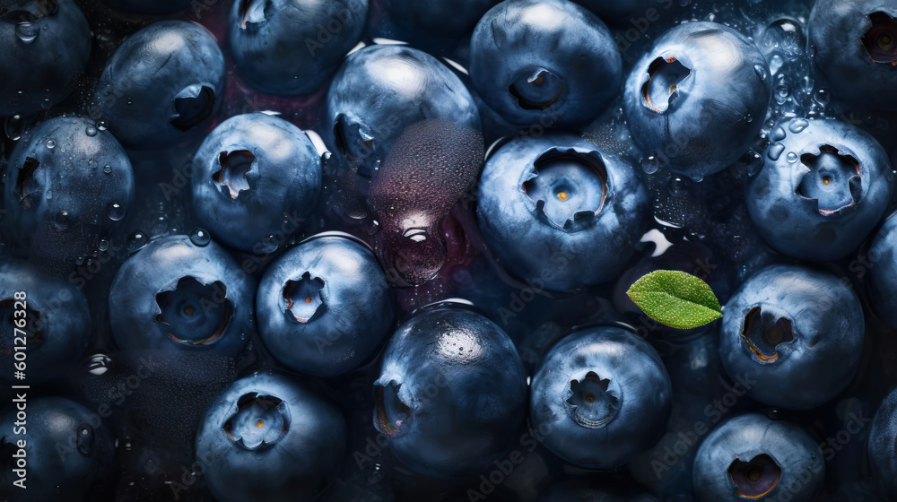 Fresh ripe blueberries with water drops background. Berries backdrop. Generative AI