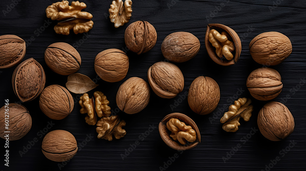 Walnuts with and without shells filling the view on dark background. Top view of fresh walnuts. Gene