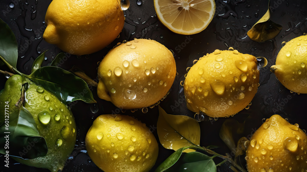 Fresh ripe lemons with water drops background. Fruits backdrop. Generative AI