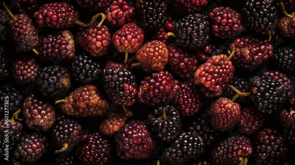 Fresh ripe mulberry with water drops background. Berries backdrop. Generative AI