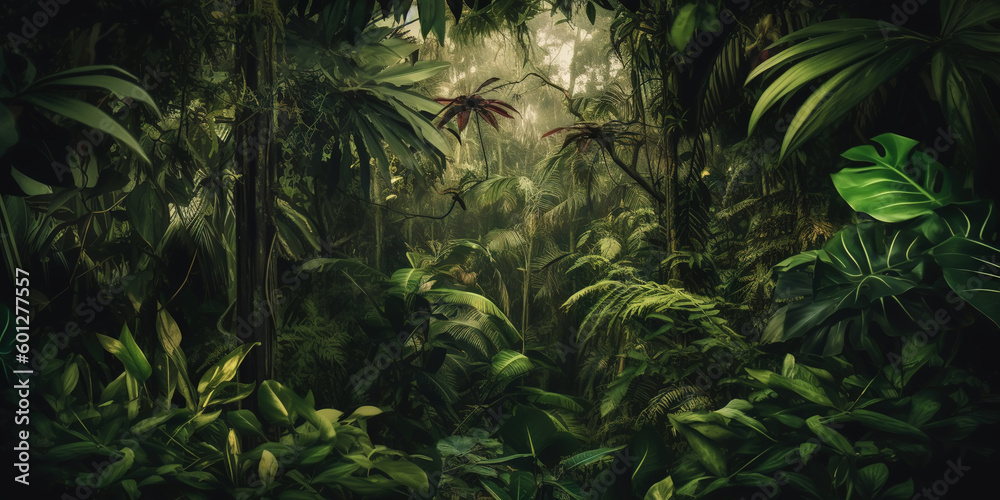 Deep tropical jungles. Dense forest landscape. Generative AI