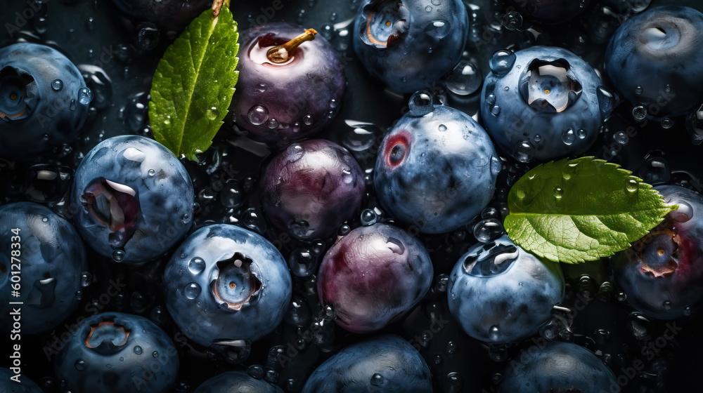 Fresh ripe blueberries with water drops background. Berries backdrop. Generative AI