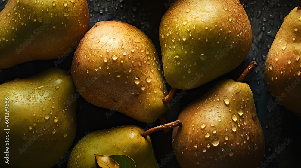 Fresh ripe pears with water drops background. Fruits backdrop. Generative AI