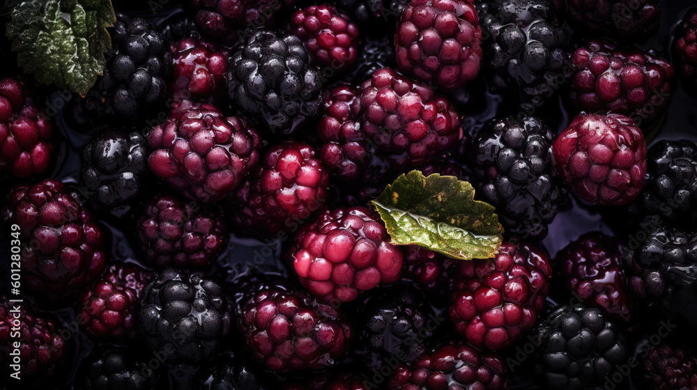 Fresh ripe mulberry with water drops background. Berries backdrop. Generative AI