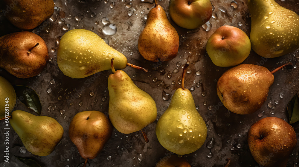 Fresh ripe pears with water drops background. Fruits backdrop. Generative AI