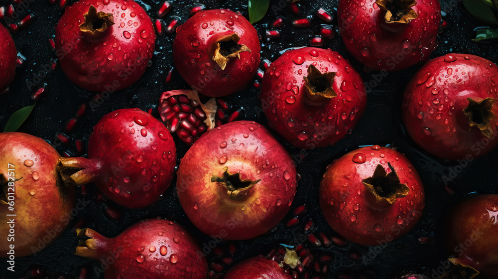 Fresh ripe pomegranades with water drops background. Fruits backdrop. Generative AI