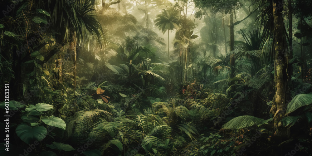 Deep tropical jungles. Dense forest landscape. Generative AI