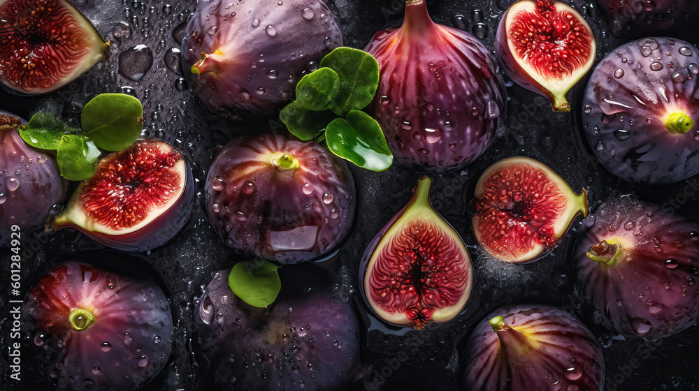 Fresh ripe figs with water drops background. Fruits backdrop. Generative AI