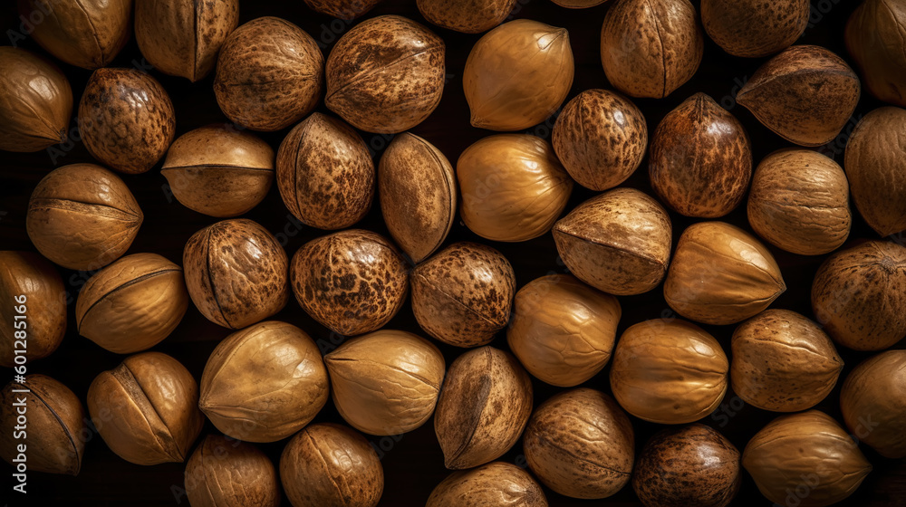 Many dried acorn nuts background. Top view on large group of nuts. Generative AI