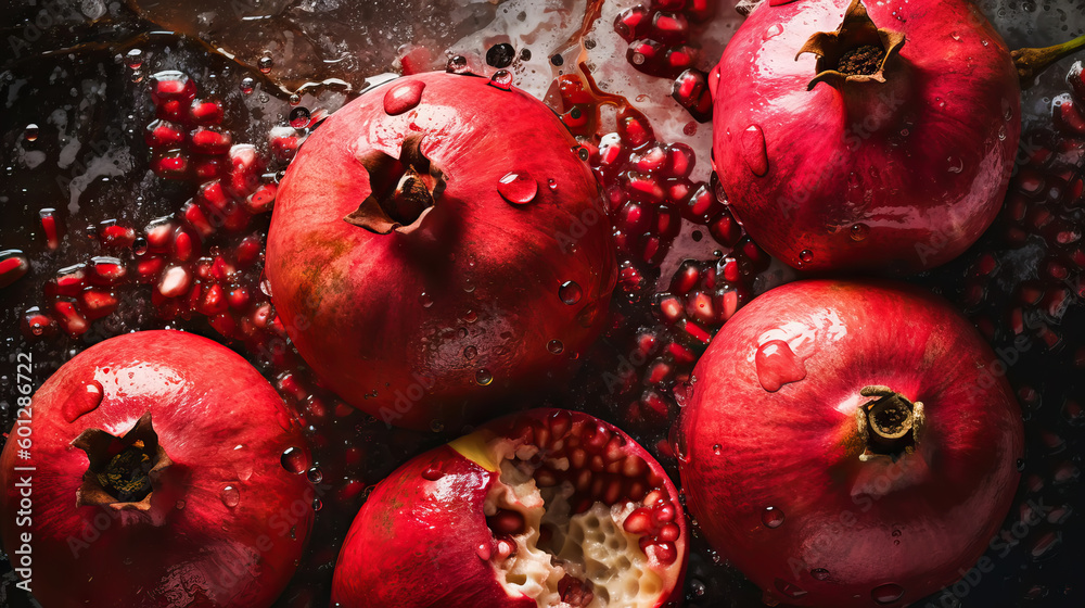 Fresh ripe pomegranades with water drops background. Fruits backdrop. Generative AI