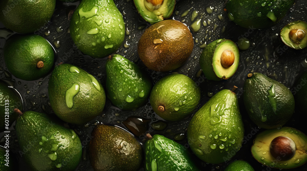 Fresh ripe avocados with water drops background. Fruits backdrop. Generative AI