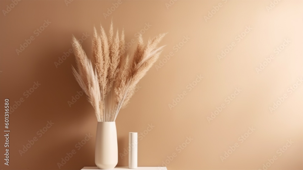 Vase with decorative dry plant branch against beige wall background. Minimalist interior mockup. Gen