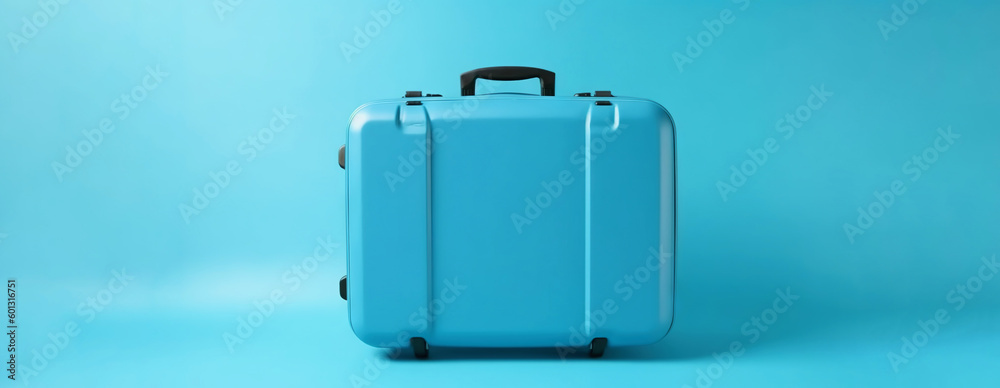 Blue travel suitcase with wheels, on blue background. Trip concept. Generative AI