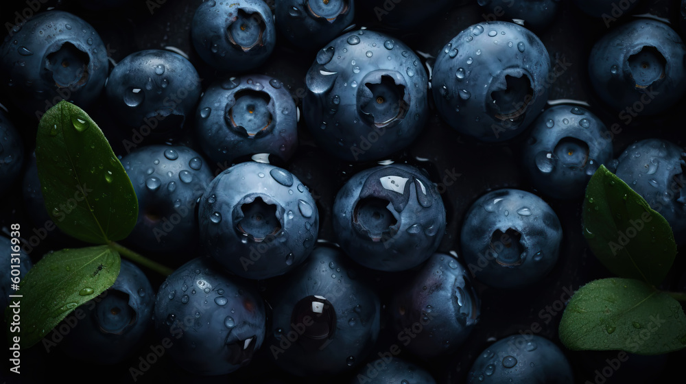 Fresh ripe blueberries with water drops background. Berries backdrop. Generative AI