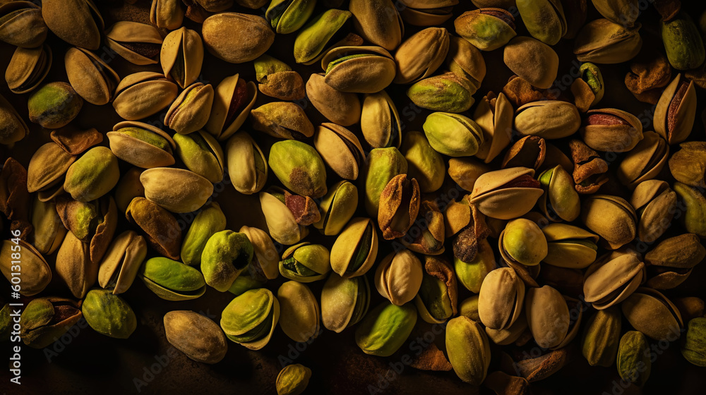 Pistachio background. Nuts. Green fresh inshell pistachios. Generative AI