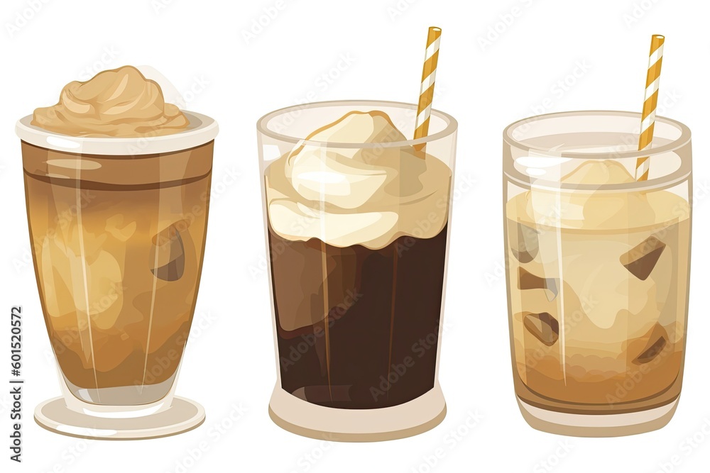 three glasses of iced coffee with different types of toppings and decorations Generative AI