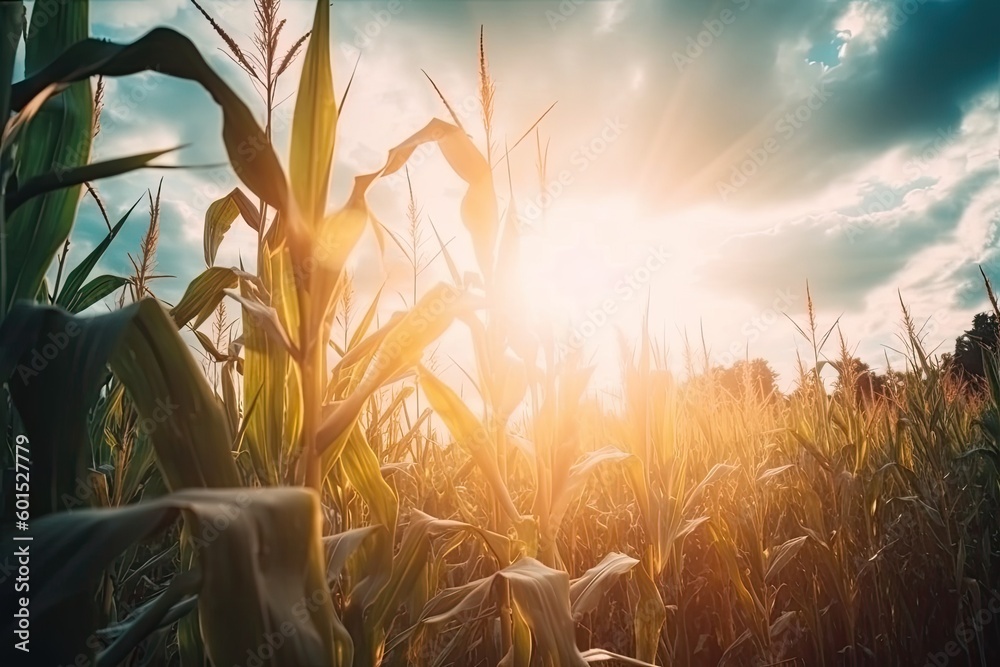 golden corn field with a beautiful sky Generative AI