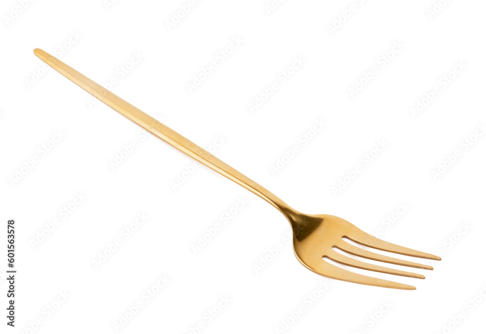 Golden fork on white background