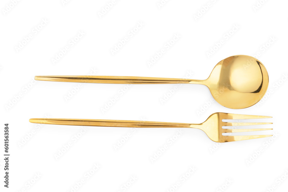 Golden spoon and fork on white background