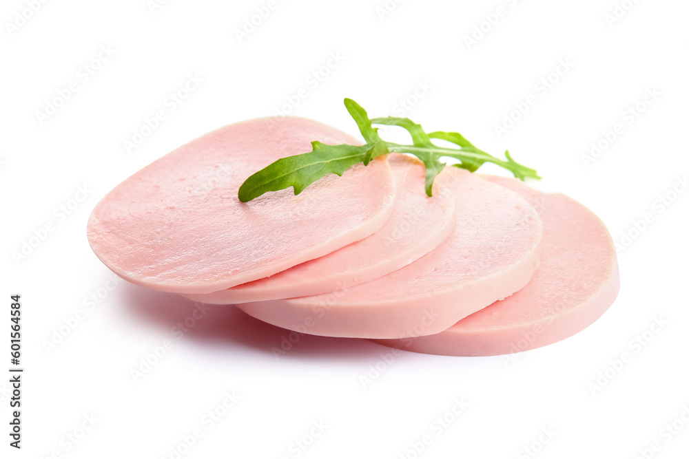 Slices of tasty boiled sausage and arugula on white background