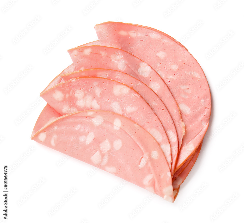 Slices of tasty boiled sausage on white background