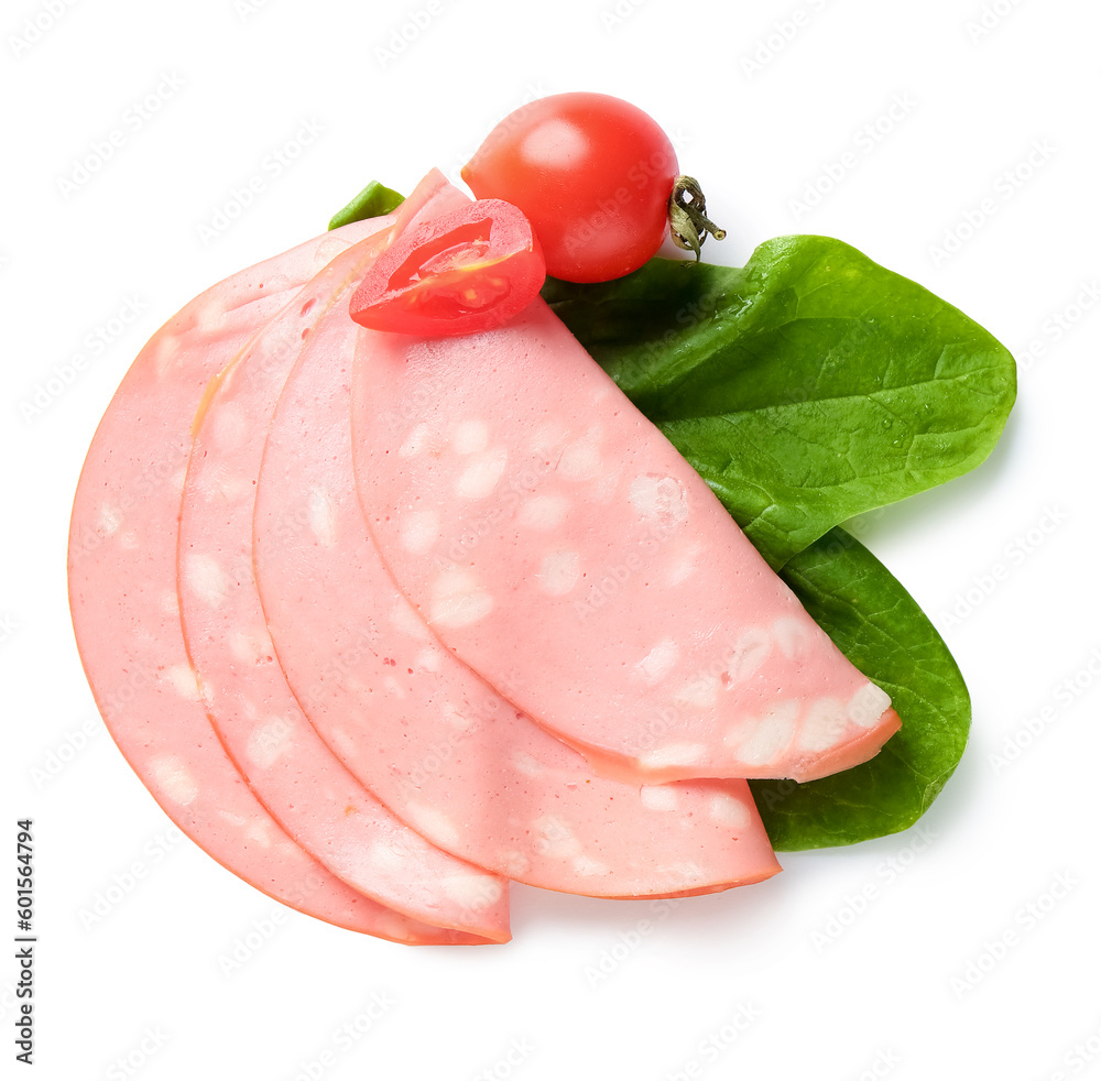 Slices of tasty boiled sausage with spinach and tomatoes on white background