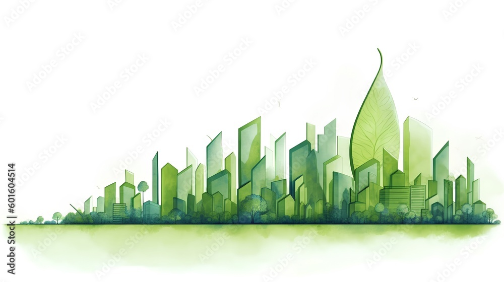 Green city illustration showcasing a harmonious blend of urban architecture and lush greenery. This 