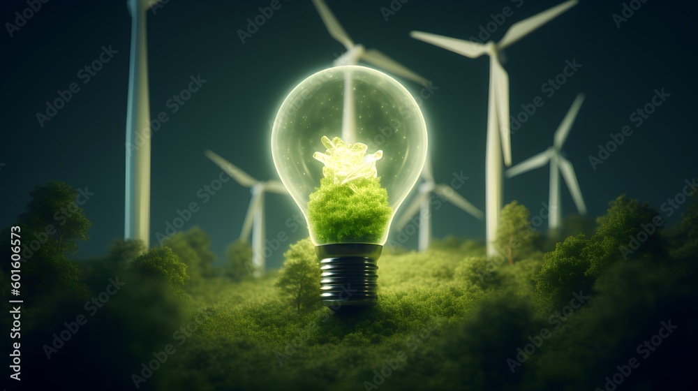 Illustrative green energy concept featuring glowing light bulb filled with verdant vegetation, wind 