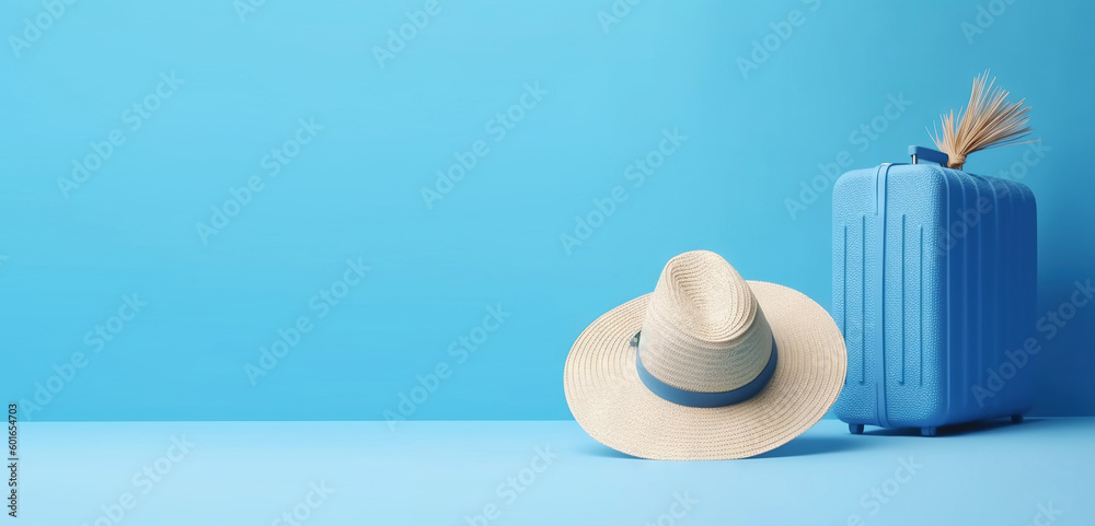 Blue travel suitcase with wheels, straw hat, on uniform blue background. Trip concept. Generative AI