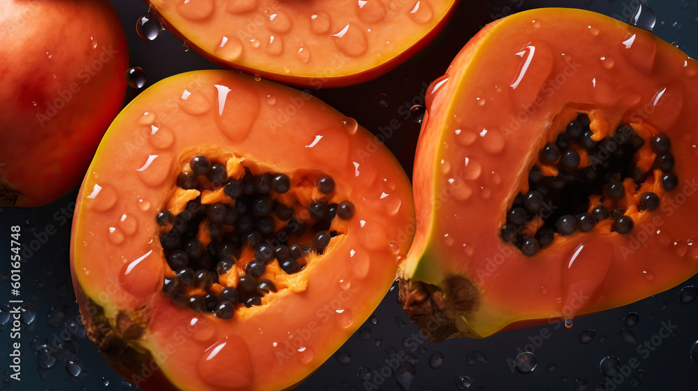 Fresh ripe papayas with water drops background. Fruits backdrop. Generative AI