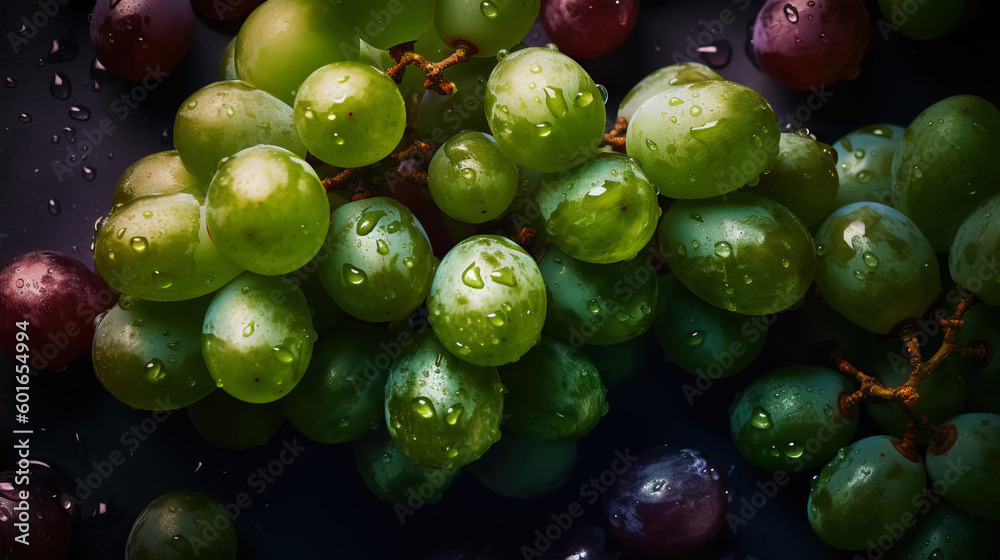 Fresh ripe grapes with water drops background. Berries backdrop. Generative AI