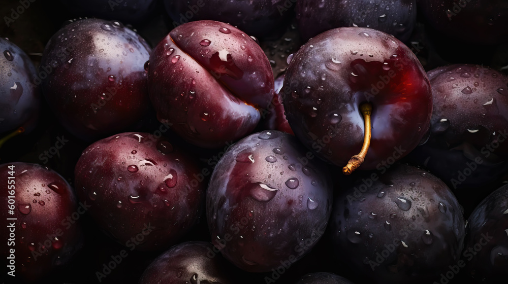 Fresh ripe plums with water drops background. Fruits backdrop. Generative AI