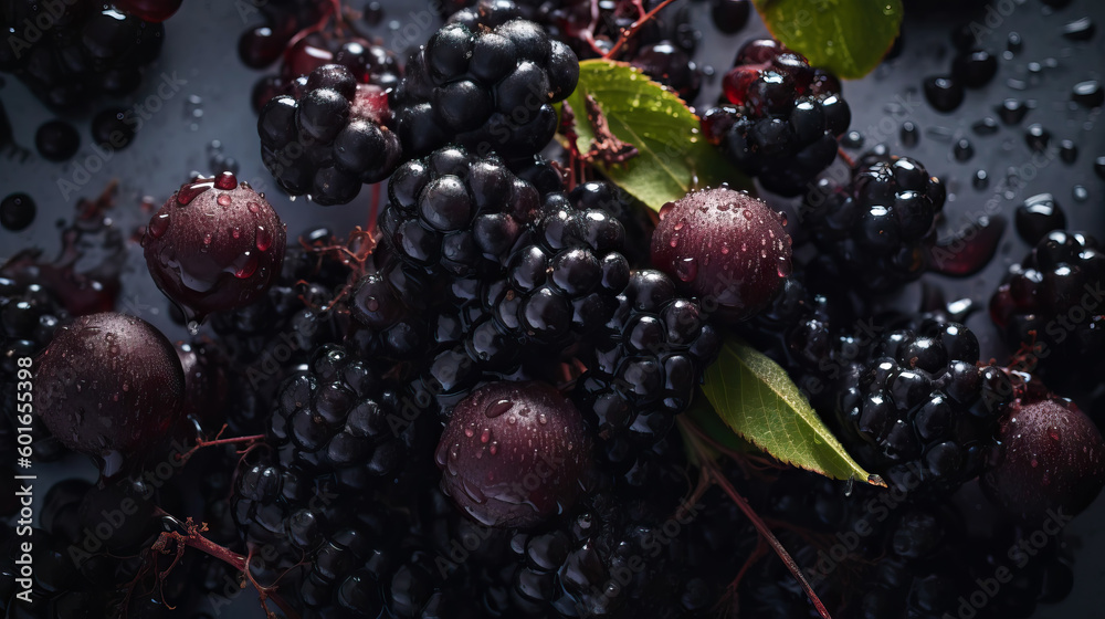 Fresh ripe elderberry with water drops background. Berries backdrop. Generative AI