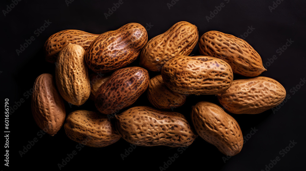 Many roasted peanuts on dark background. Food Backdrop. Generative AI