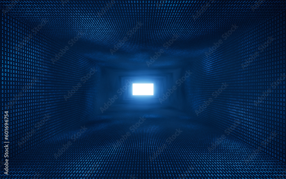 Dark blue digital cyberspace tunnel, 3d rendering.