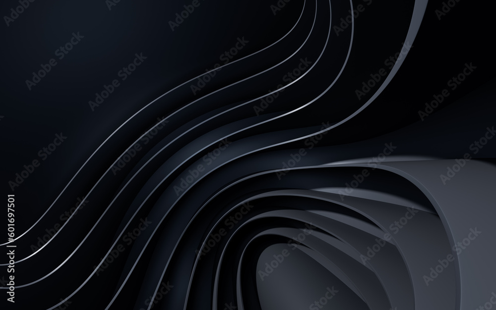 Dark curve geometry structure, 3d rendering.